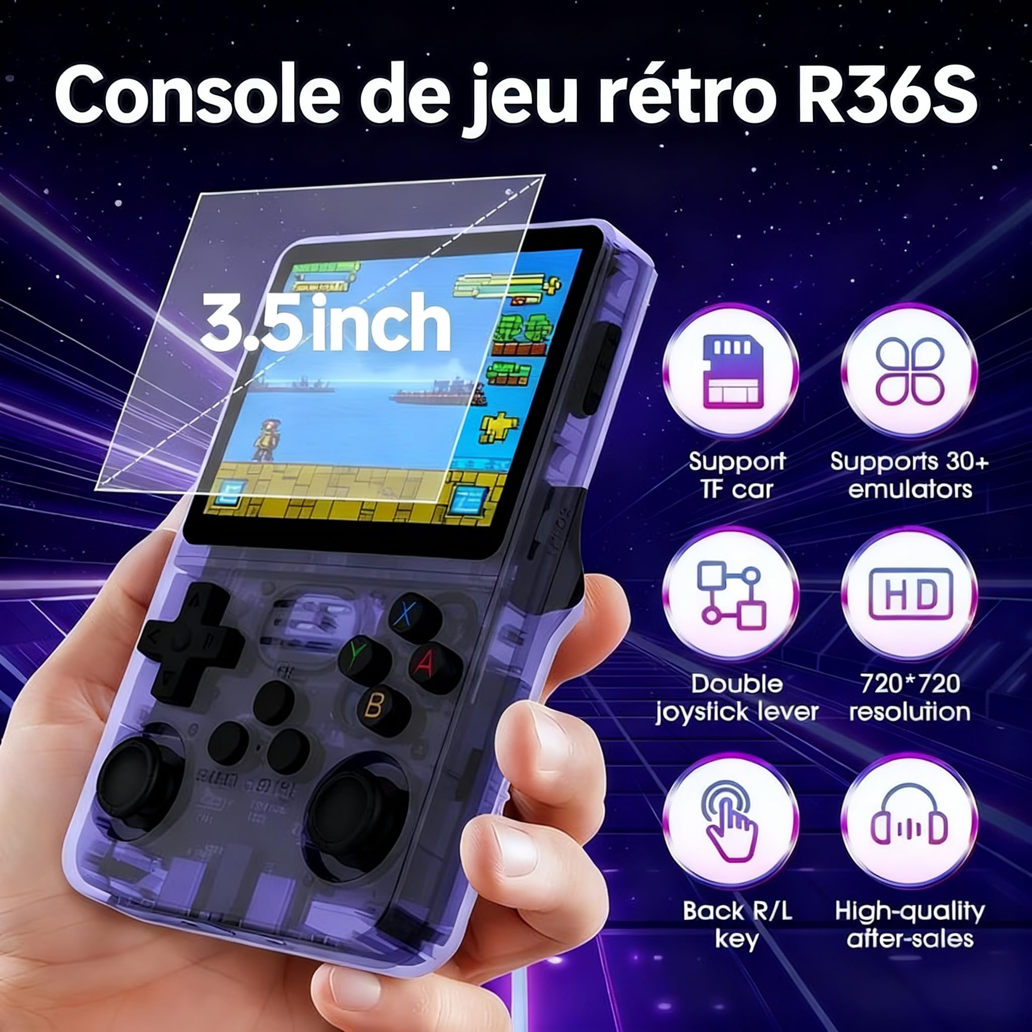 Console de Jeux Rétro R36S, Écran IPS 3.5", 128 Go, 40000+ Jeux Préinstallés, Système Open Source, Double Joystick, Batterie 3500mAh, Portable pour Adulte & Enfant (Transparente)