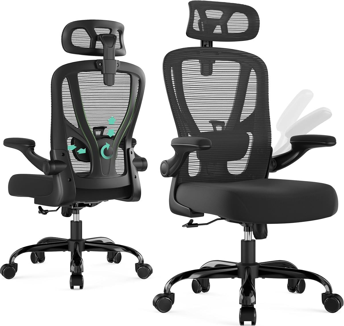 Office Chair Ergonomic Desk Chair with 3D Lumbar Support & Headrest | 350 LBS Computer Gaming Chair with Flip-Up Armrest, Easy Assembly, Ideal for Commercial, Home Office, Work and Study, Black