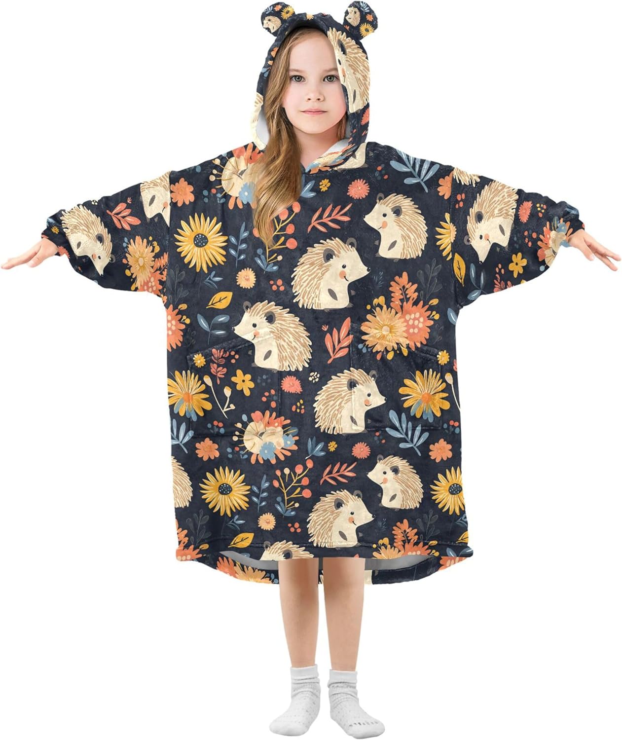Hedgehog Flowers Cute Kids Wearable Blanket Hoodie with Pocket and Sleeves for Toddlers, Cute Hoodies Girls B0403680