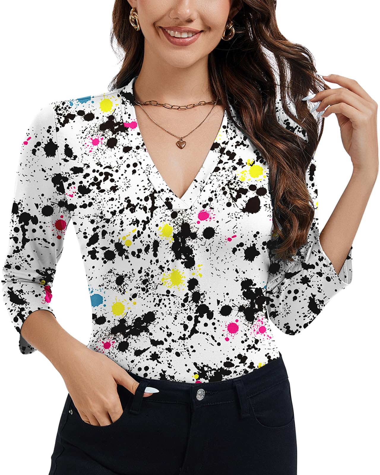 Soneven Bluse Damen Elegant, Shirt Damen 3/4 Arm V-Ausschnitt Blusenshirt Hemdbluse Plissee Tunika für Golf Business Casual