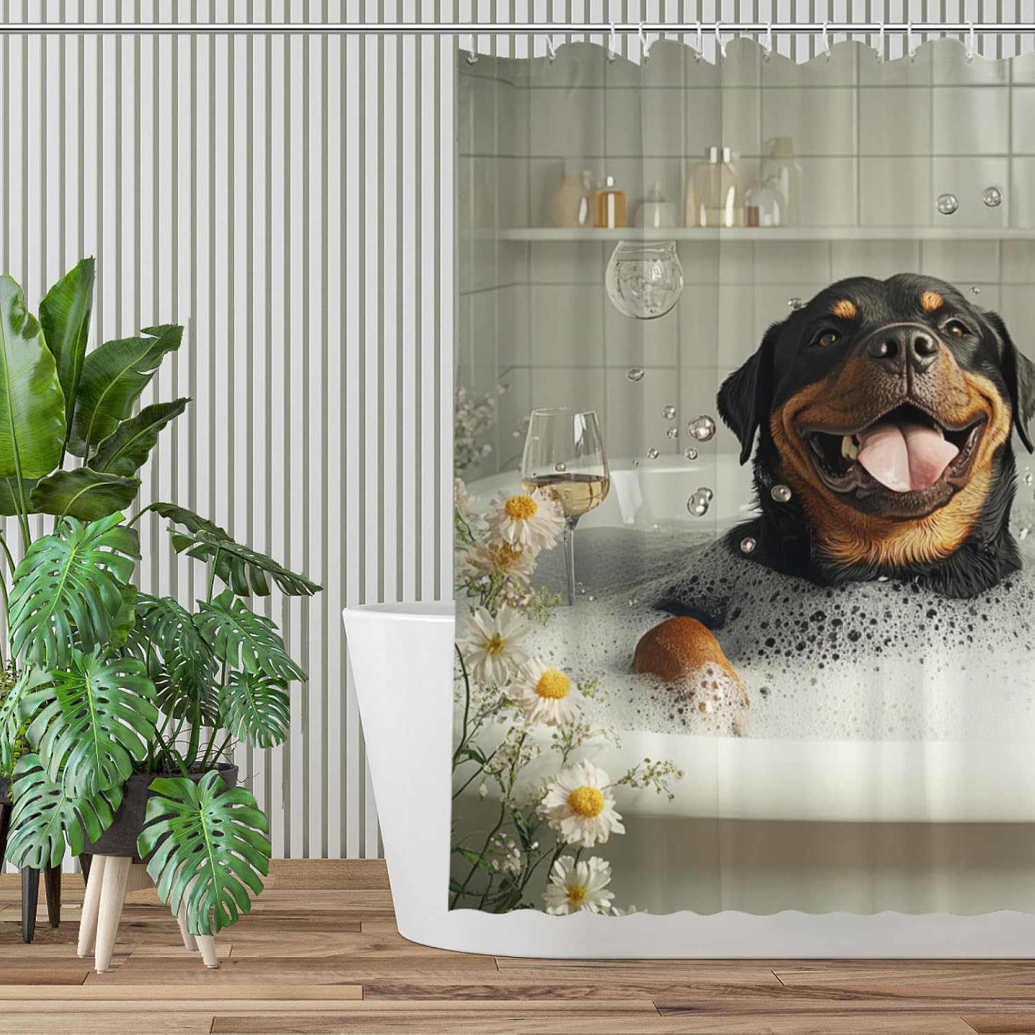 NGZ 72x72 Inche White Fabric Shower Curtain, Cute Rottweiler with Flowers and Wine Shower Curtains for Bathroom, SPA Bubble Bath Covered Bath Curtains Set with Hooks