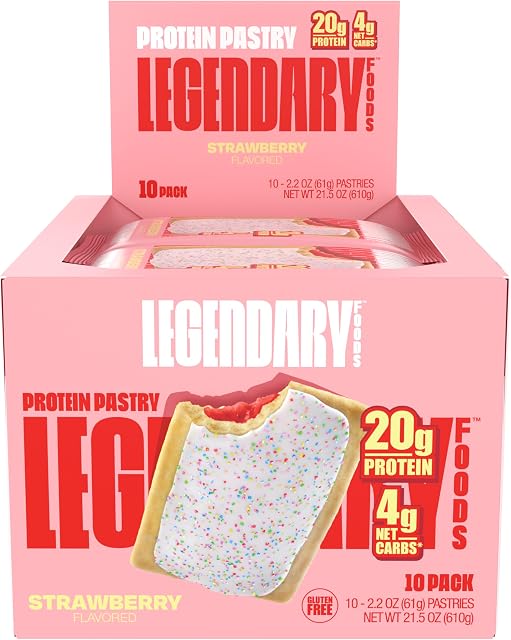 Legendary Foods 20 gr Protein Pastry | Low Carb Tasty Protein Bar Alternative | Keto Friendly | No Sugar Added | High Protein Snacks | On-The-Go Breakfast | Gluten Free Keto Food - Strawberry (10-Pack)