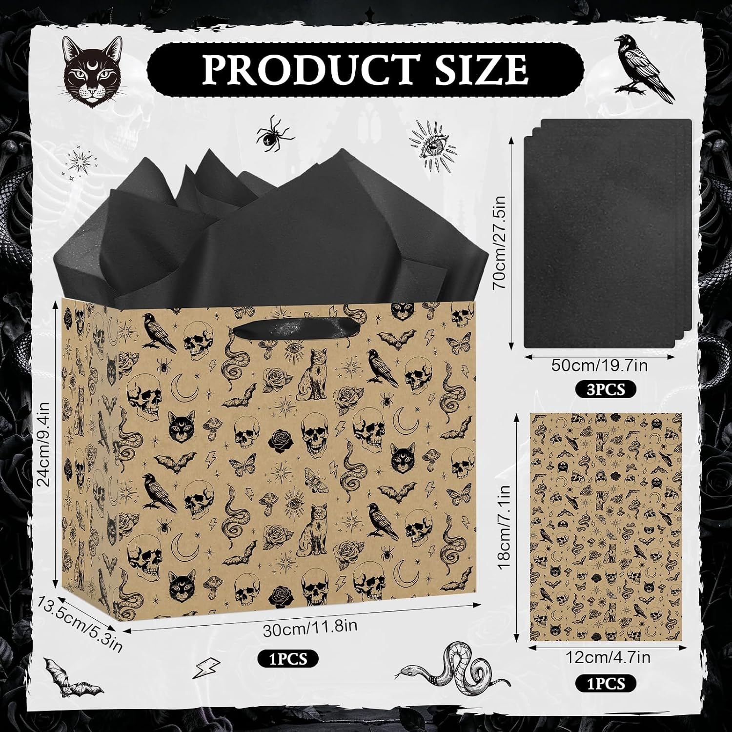 Vintage Gothic Birthday Gift Bag with Tissue Paper Card Gothic Wrapping Paper Brown Goth Skeleton Skull Gift Bag Funny Goth Party Favors Spooky Birthday Party Decorations Supplies for Women Men (brown) image 4