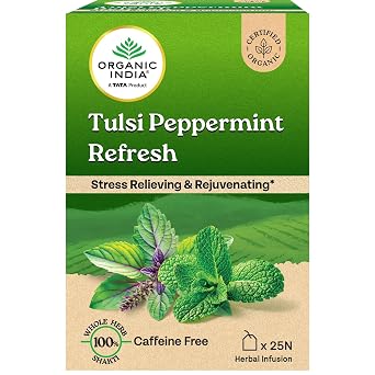 ORGANIC INDIA Tulsi Peppermint Refresh 25 Tea Bags || Stress Relieving & Rejuvenating || Feeling Refreshed || Tulsi Tea - 25 Tea Bags