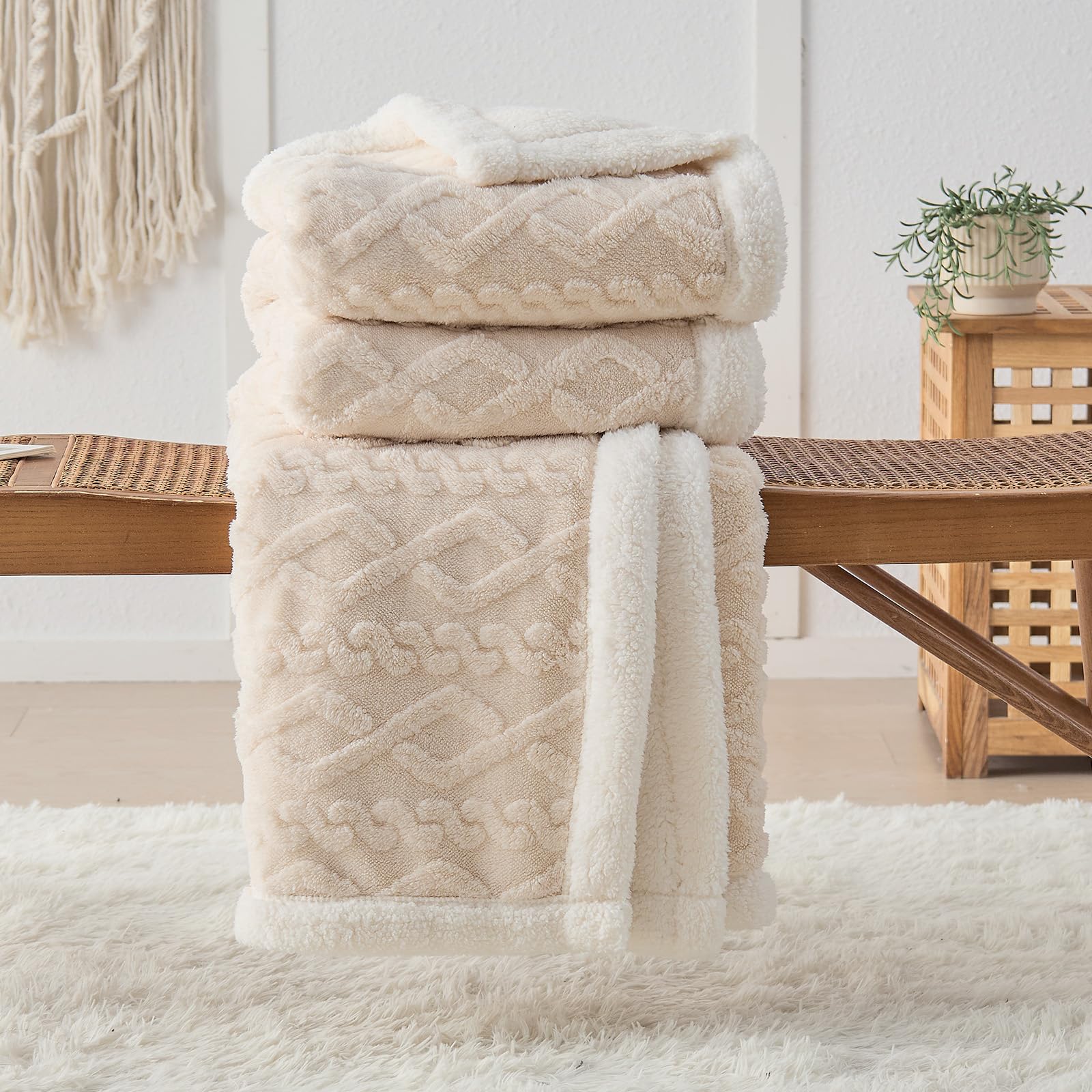 Jeté de Canapé Sherpa et Dessus de Lit Beige aux Finitions 3D