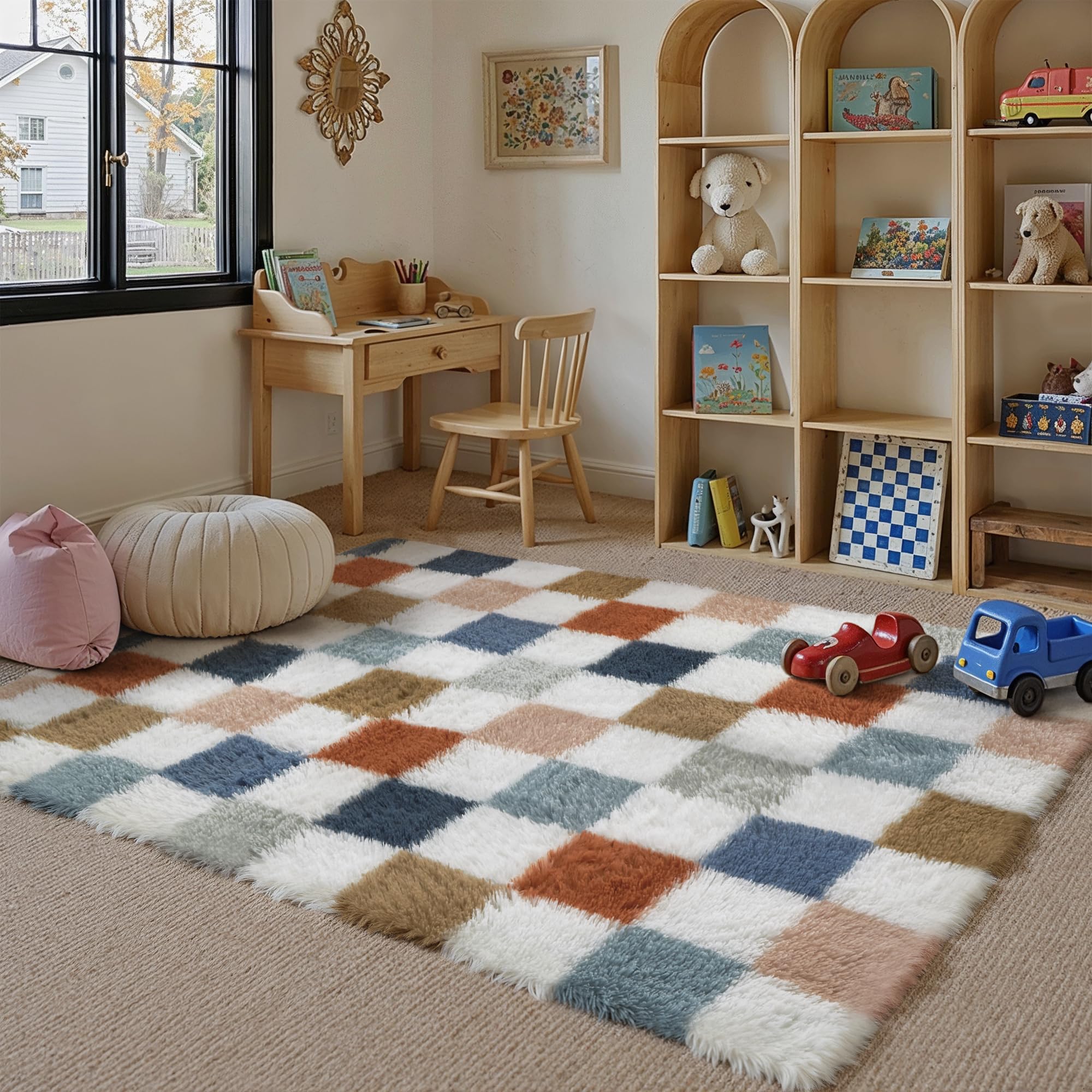 PureCozy Checkered Rug 3x5 for Living Room, Modern Rainbow Shag Rug Super Soft Washable Indoor Fuzzy Carpet Non-Slip Fluffy Rugs for Bedroom Home Aesthetic Decor