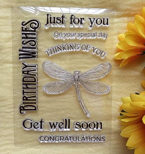 GAOZONGTER Sellos transparentes de libélula con palabras de cumpleaños, diseño de deseos de cumpleaños, para hacer tarjetas, manualidades, álbumes