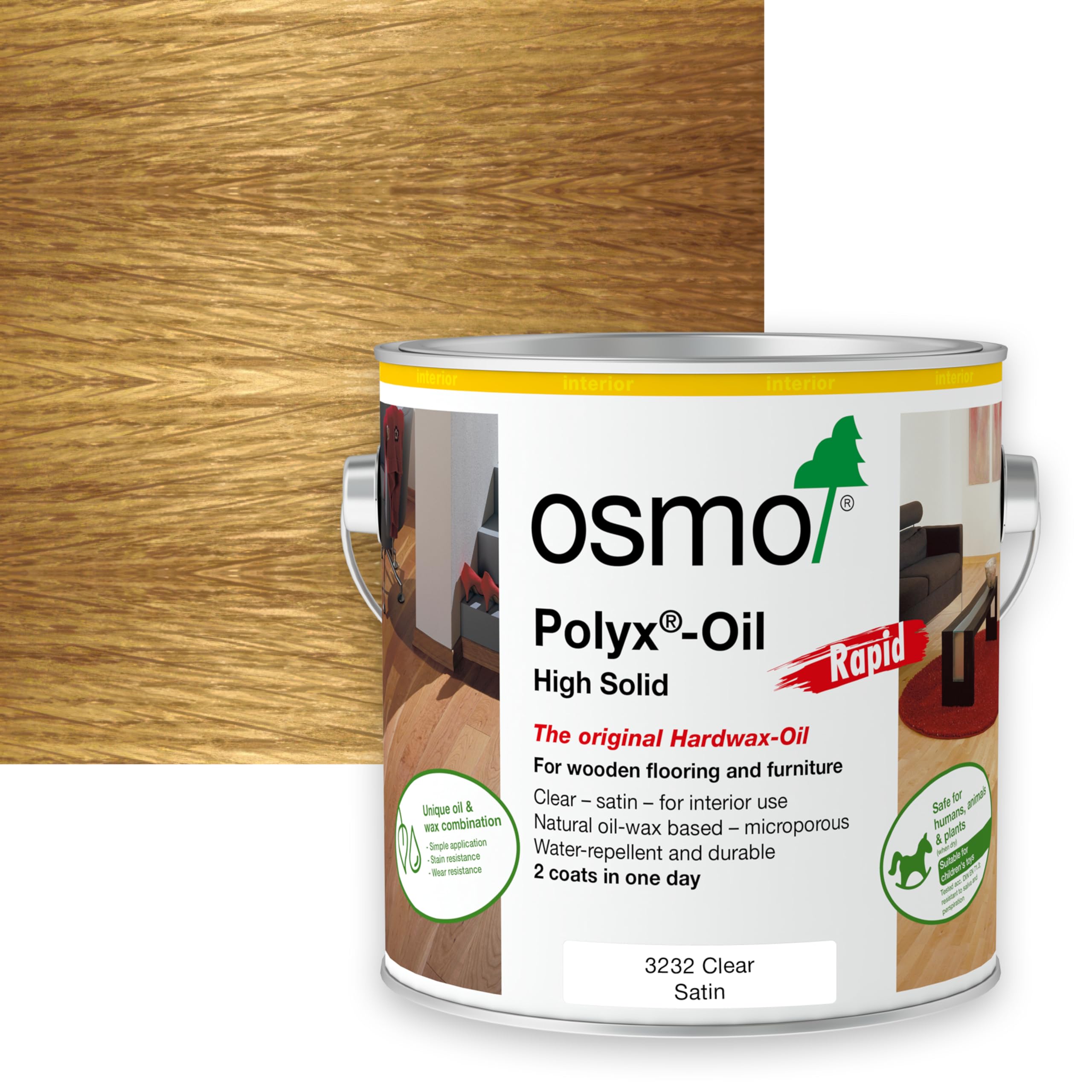 Osmo Polyx Oil Rapid 3232 Clear Satin 2.5L – Fast-Drying Hardwax Oil for Wooden Furniture, Floors & Worktops – Interior Wood Finish – Water & Dirt Resistant
