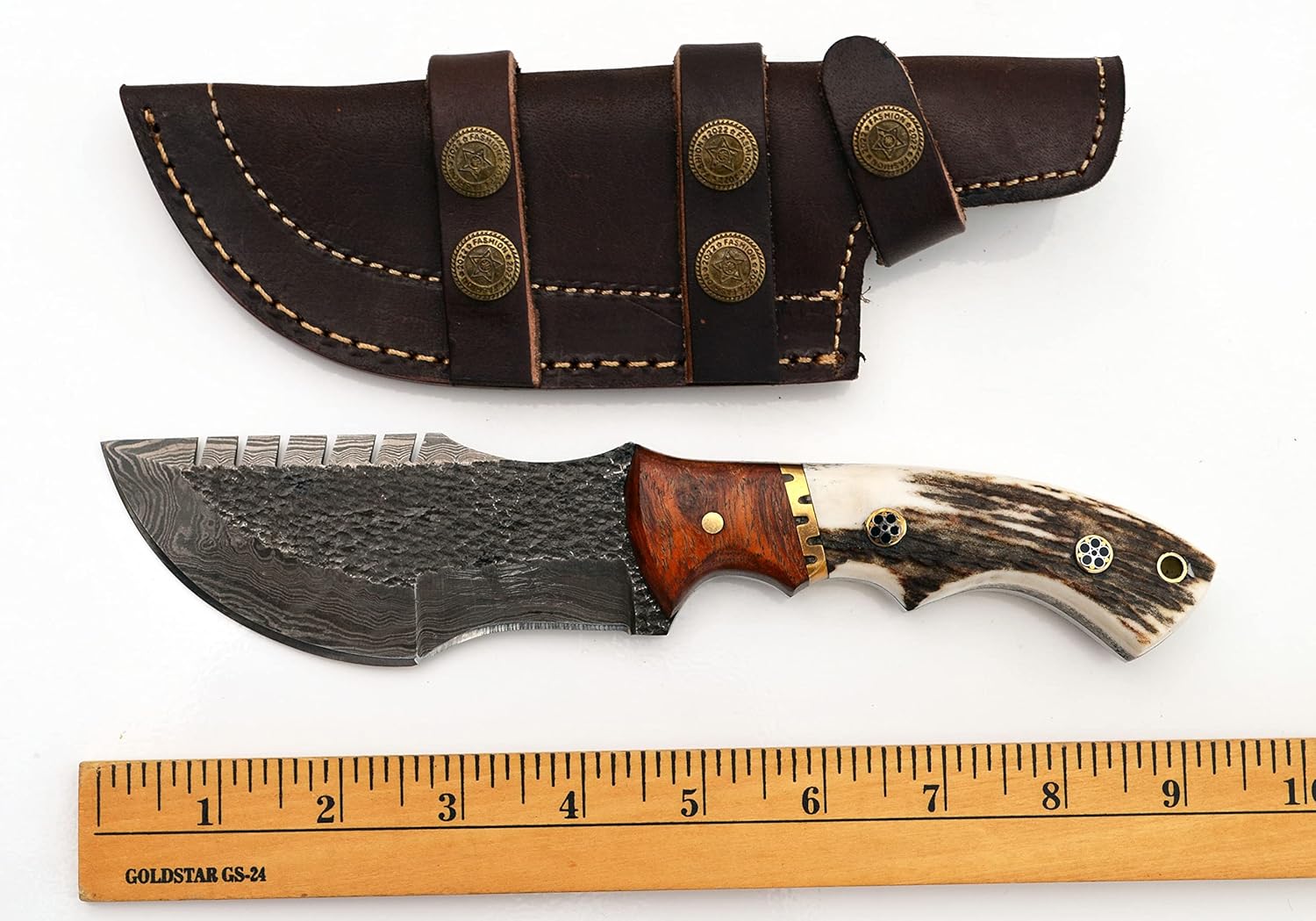 Tracker Knife - Stag Handle, Hammered Damascus Hunting Skinning Knives Blades Blade Knife