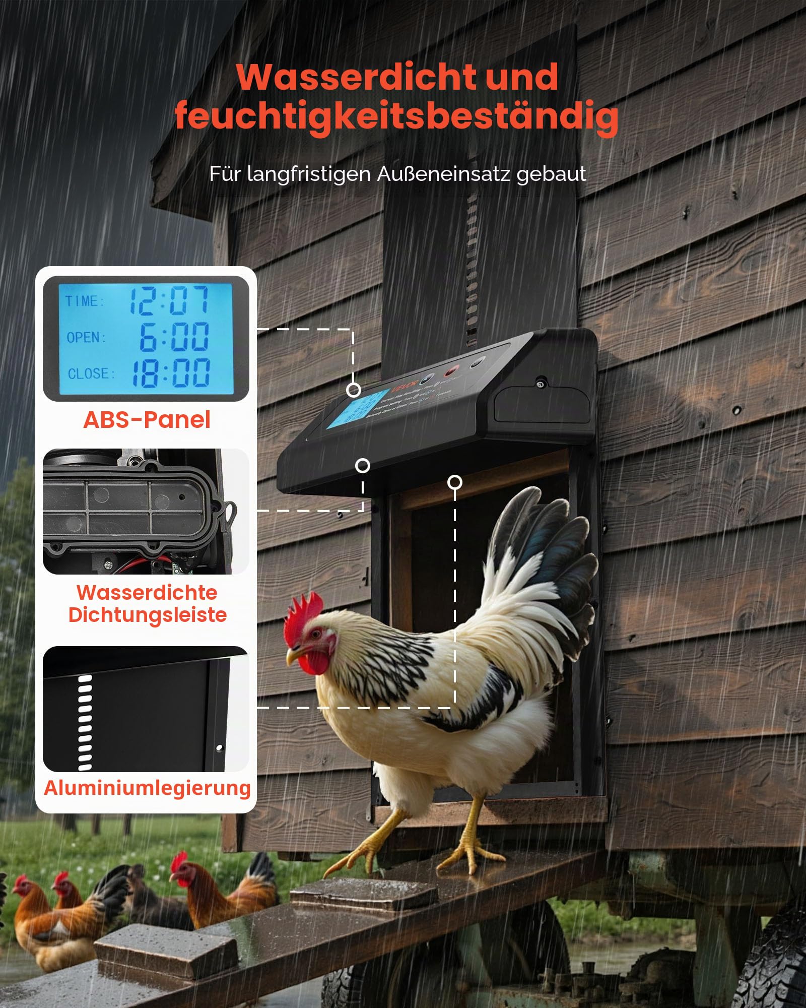 VEVOR Automatische Hühnerklappe, Hühnerstalltür mit Timer, manueller Einstellung & Einklemmschutz, Elektrischer Hühnerauslauf-Toröffner mit wasserdichter Versiegelung, Schwarz, 350x250x73 mm