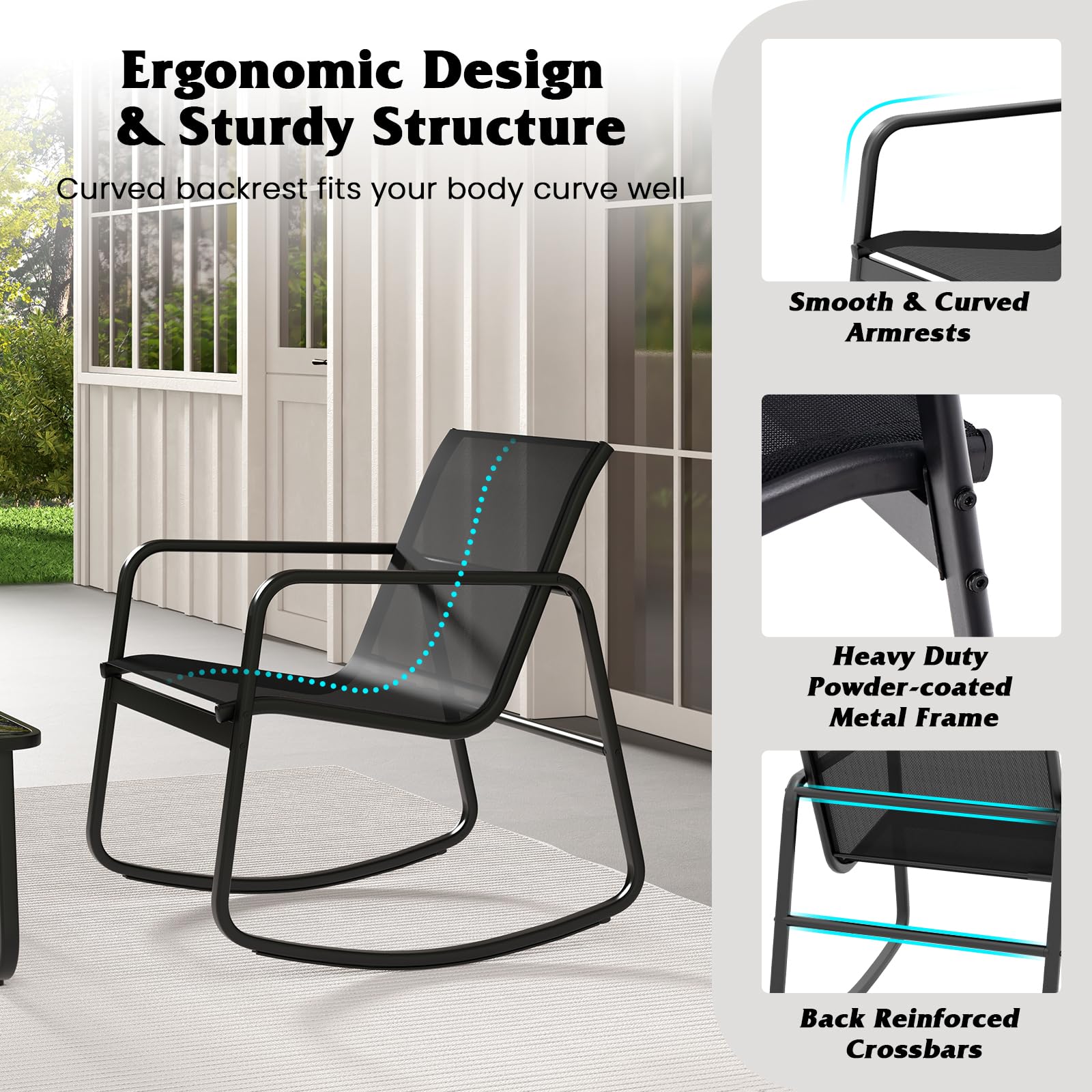 GIANTEX Set da Giardino per 2 Persone, Sedie a Dondolo con Tavolino in Vetro, Tessuto Traspirante e Gambe Regolabili, Disponibile in 3 Colori, Perfetto per Balcone e Terrazzo