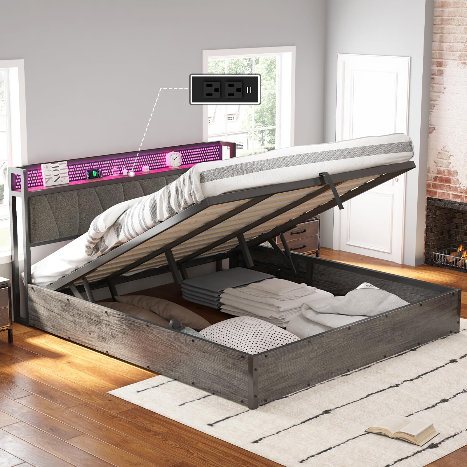 AMERLIFE King Size Lift Up Bed Frame with Linen Upholstered & LED Light & Storage Headboard, Platform Bed Frame with Charging Station, No Box Spring