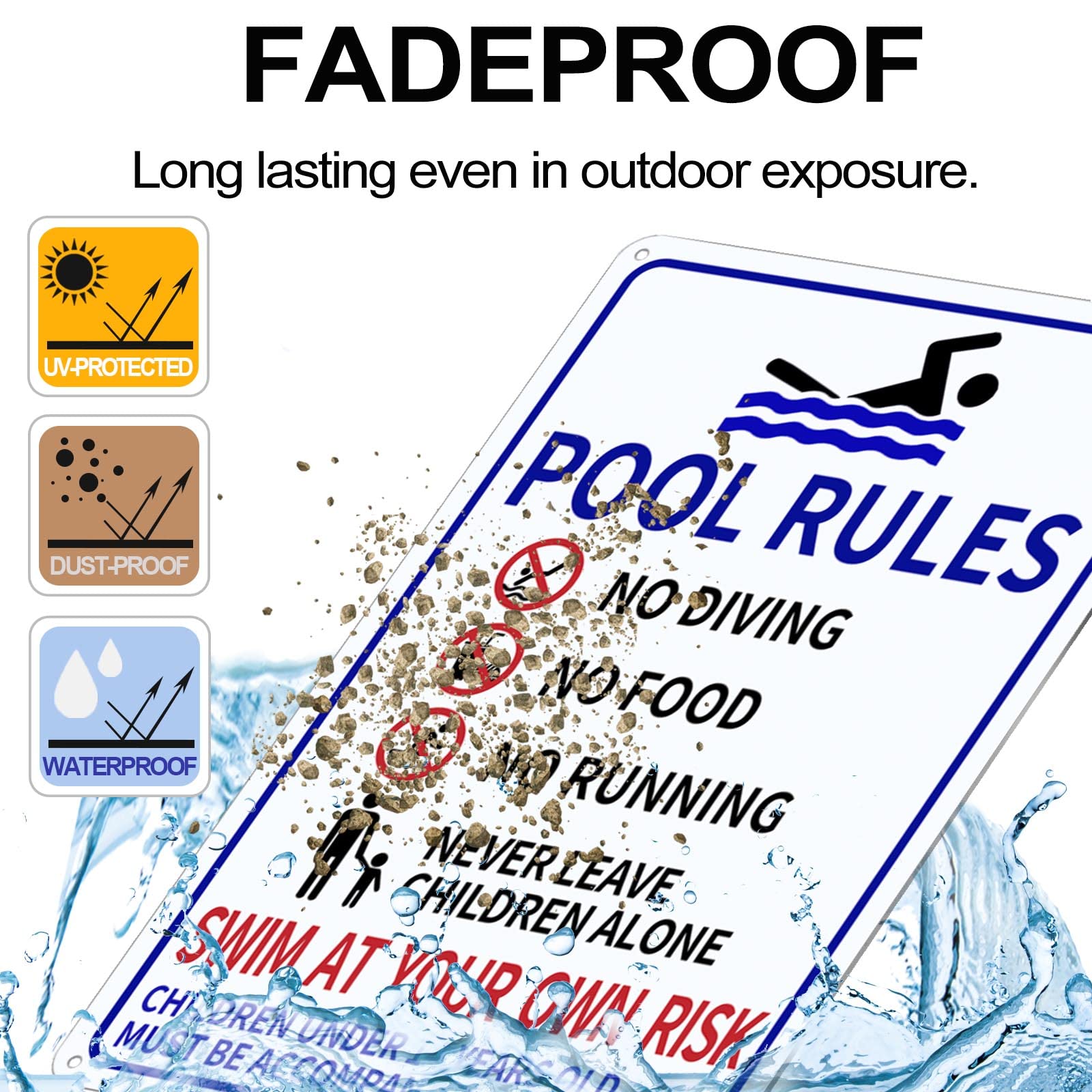 [Paquete 1+1] Letreros de piscina para exteriores, 14 x 10 pulgadas, impresos con "Watch Your Children" y "Swim at Your Own Risk", resistentes a la decoloración y sin óxido, carteles de piscina de