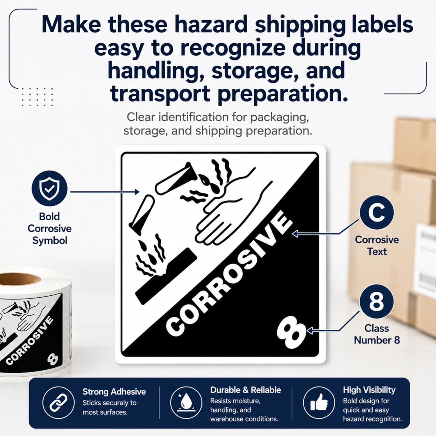 DOT Class 8 Corrosive Square Hazmat Labels, 4" x 4", 500/Roll | Strong-Adhesive Stickers for Drums, Cartons, Containers, Hazardous Material Shipping and Warehouse Compliance. Made in USA