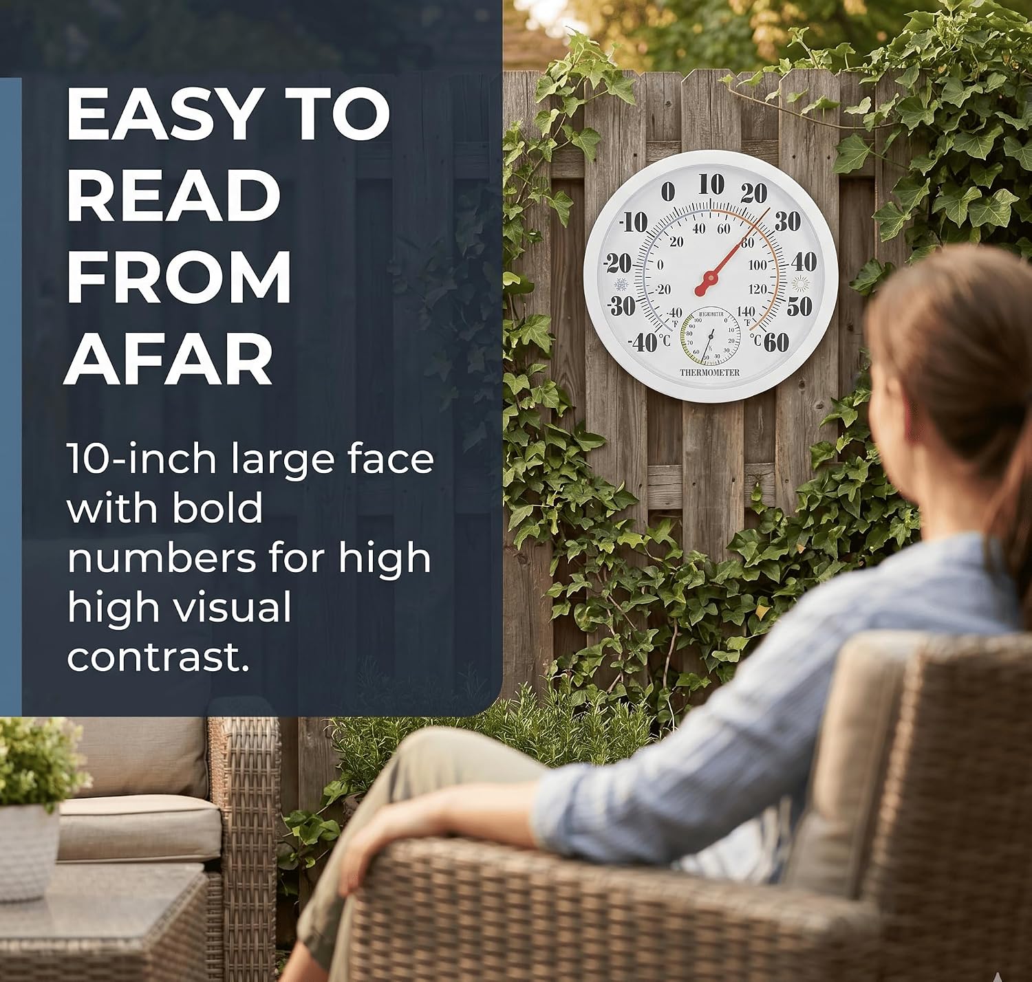 Indoor Outdoor Thermometer Hygrometer, 10 Inch Large Numbers Waterproof Wall Mount Temperature Humidity Gauge for Patio Garden Home Garage Decor No Battery Weather Monitor (White)
