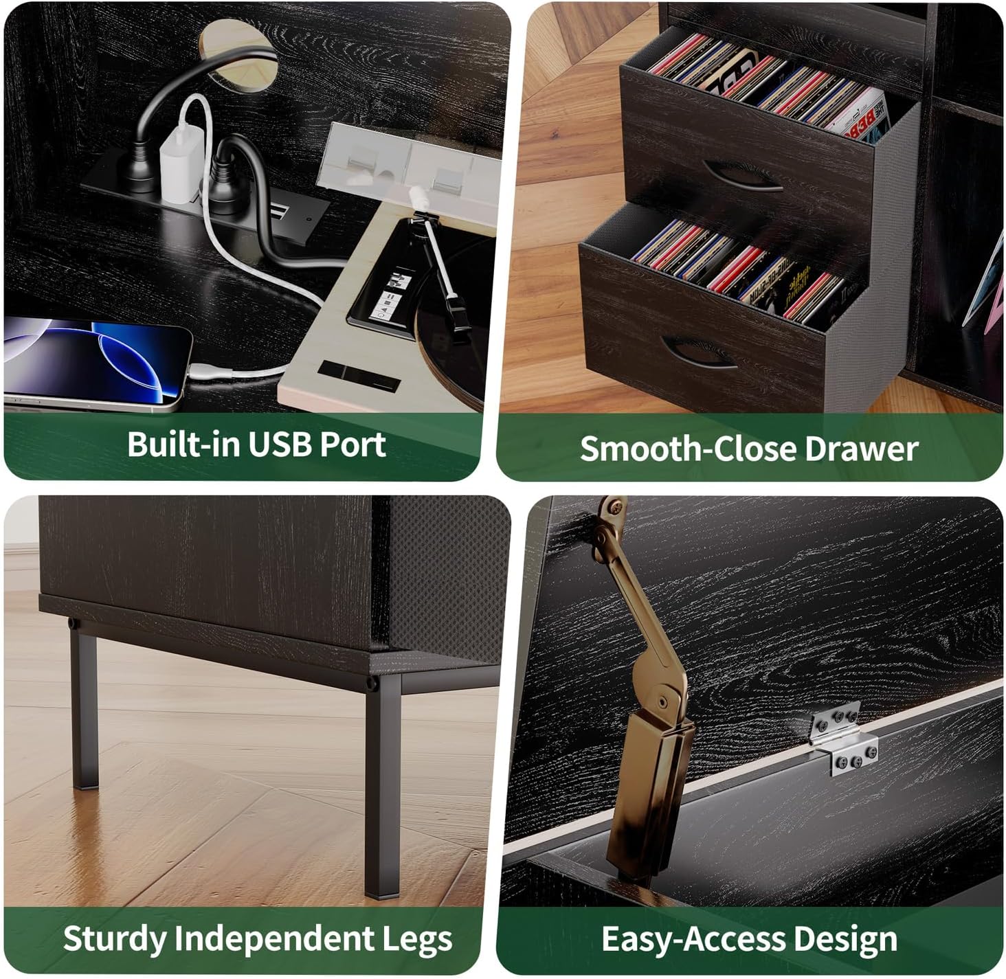 Record Player Stand with Power Outlet & Flip-Down Lid, Turntable Table with Storage for 300+ Vinyls, Black Wood Grain Media Console with 2 Drawers Dust Protection for Living Room, Office (Black)