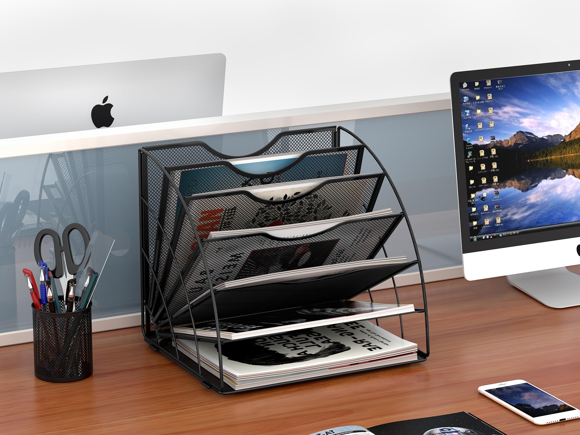 EasyPAG 6 Fächer Fächerförmig A4 Metall Büro Schreibtisch Organizer Dokumentenhalter Aktenablage Zeitschriftenhalter Briefablage Papier Magazin Organisator,Schwarz