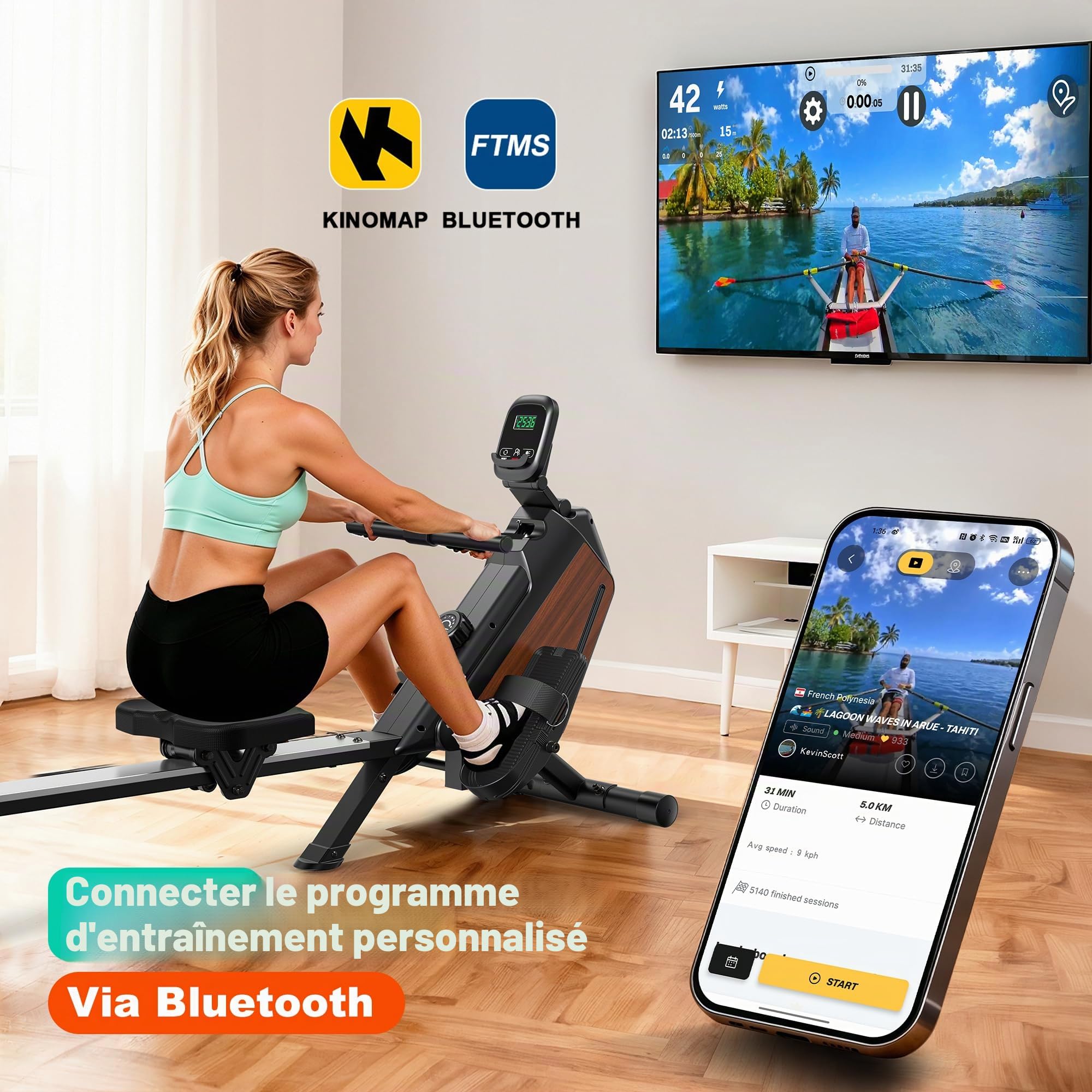 Rameur magnétique pour la maison, 16 niveaux de résistance, rameur silencieux pour entraînement cardio, connexion par application, charge maximale de 160 kg, rangement vertical