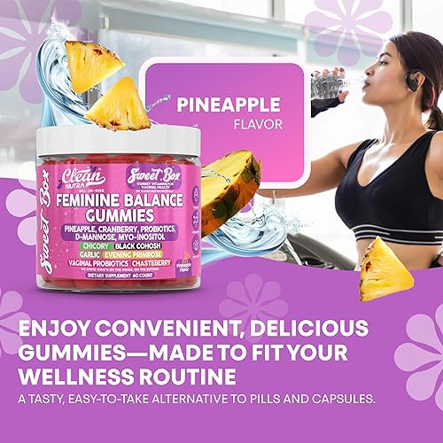 Miniatura 7 de Clean Nutra - Gomitas de equilibrio femenino para mujer, piña, probióticos, pH equilibrado, arándano, D, manosa, suplemento de inositol, cohosh