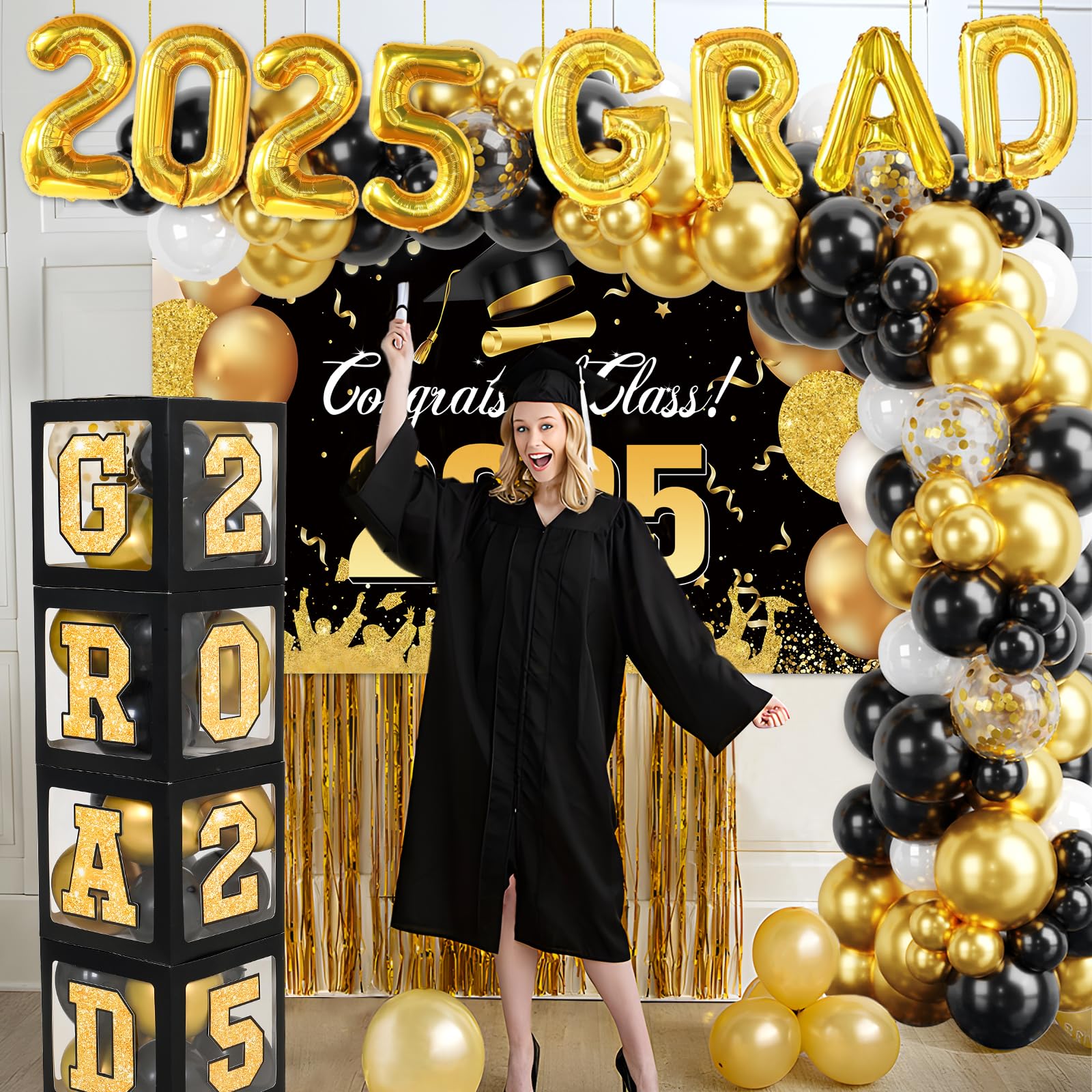 Kit Décoration Soirée Diplôme 2025 – Ballons Noir Et Or, Chapeau De Graduation, Étoiles – Pour Université Et Lycée – Set De 51 Pièces