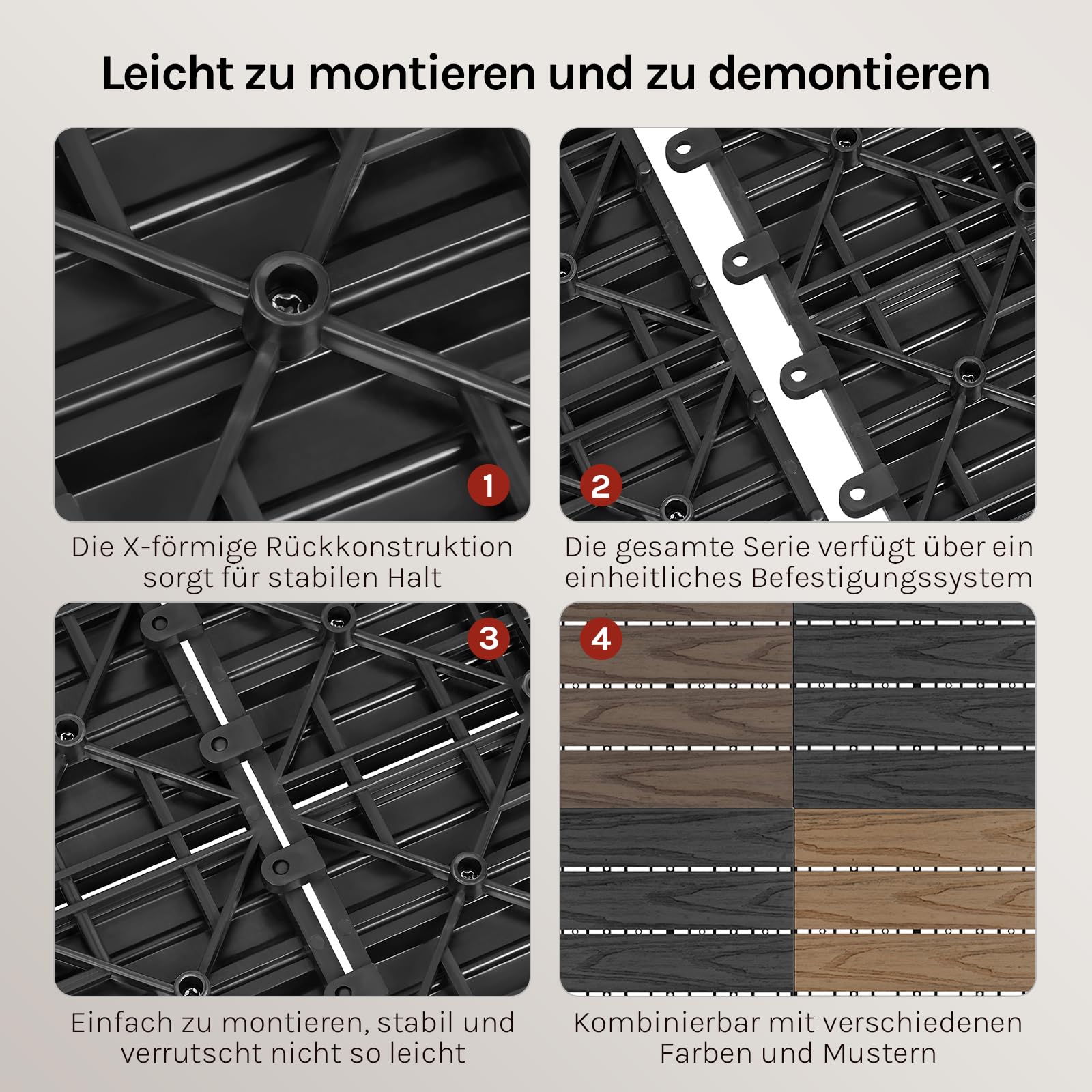 WOLTU 22 x Premium WPC Terrassenfliesen 30x30cm Holz Optik mit Relief, Balkonfliesen Garten Fliesen Bodenbelag Braun (2 m²)