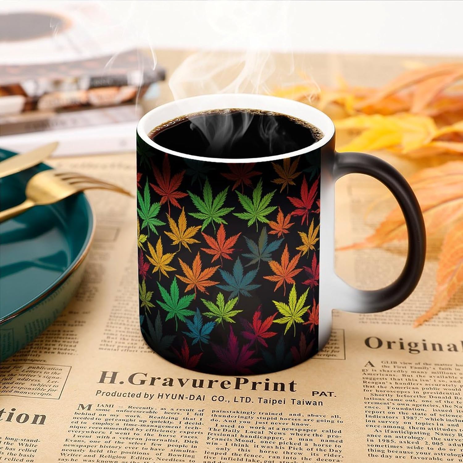 Color Changing Mug Colorful Cannabis Leaves Printed Ceramic Coffee Mug Heat Changing Sensitive Mug Magic Heat Changing Coffee Mug Novelty Coffee Mugs
