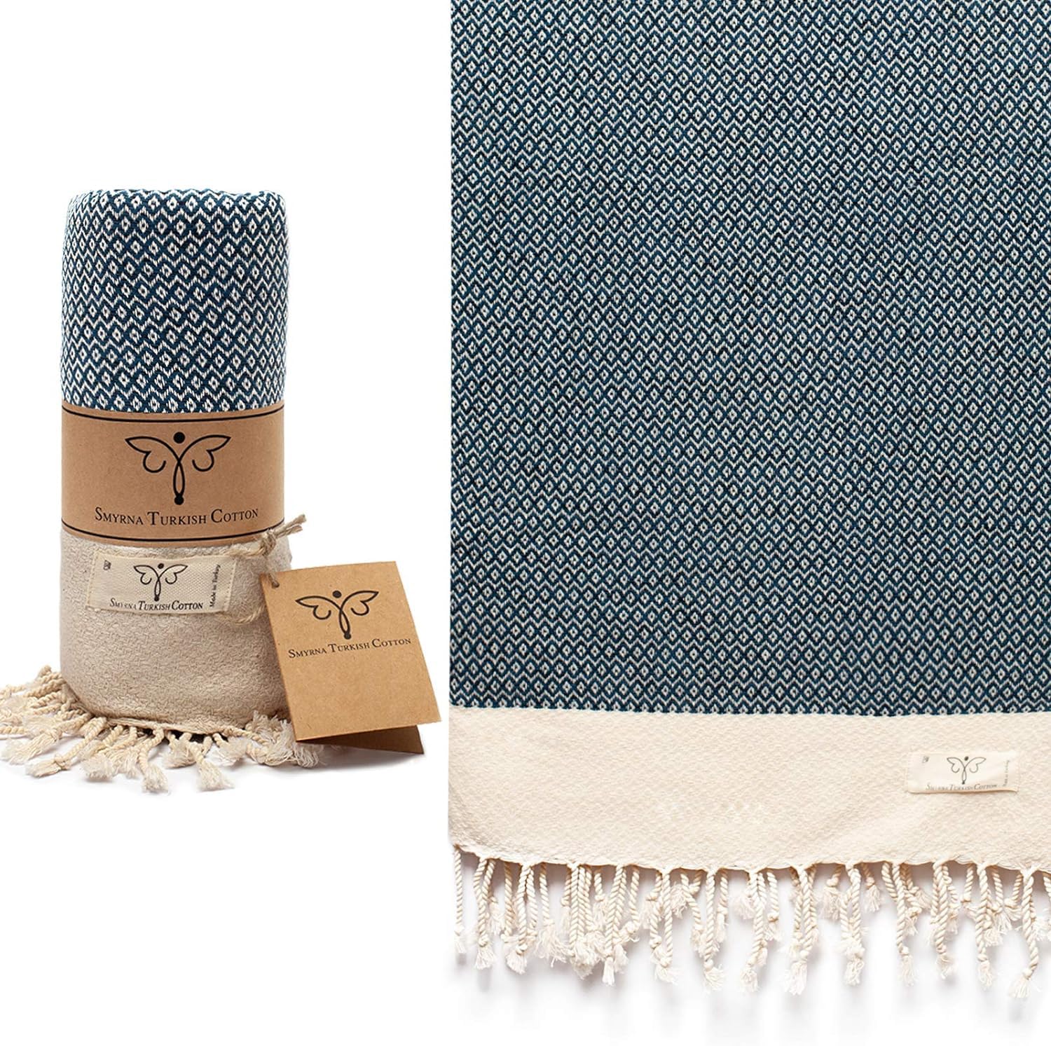 Smyrna - Toalla de Playa turca Original de la Serie Vintage | 100% algodón, prelavada, 37 x 71 Pulgadas | Toalla de baño turca para SPA, Playa, Piscina, Gimnasio y baño (Azul Marino)