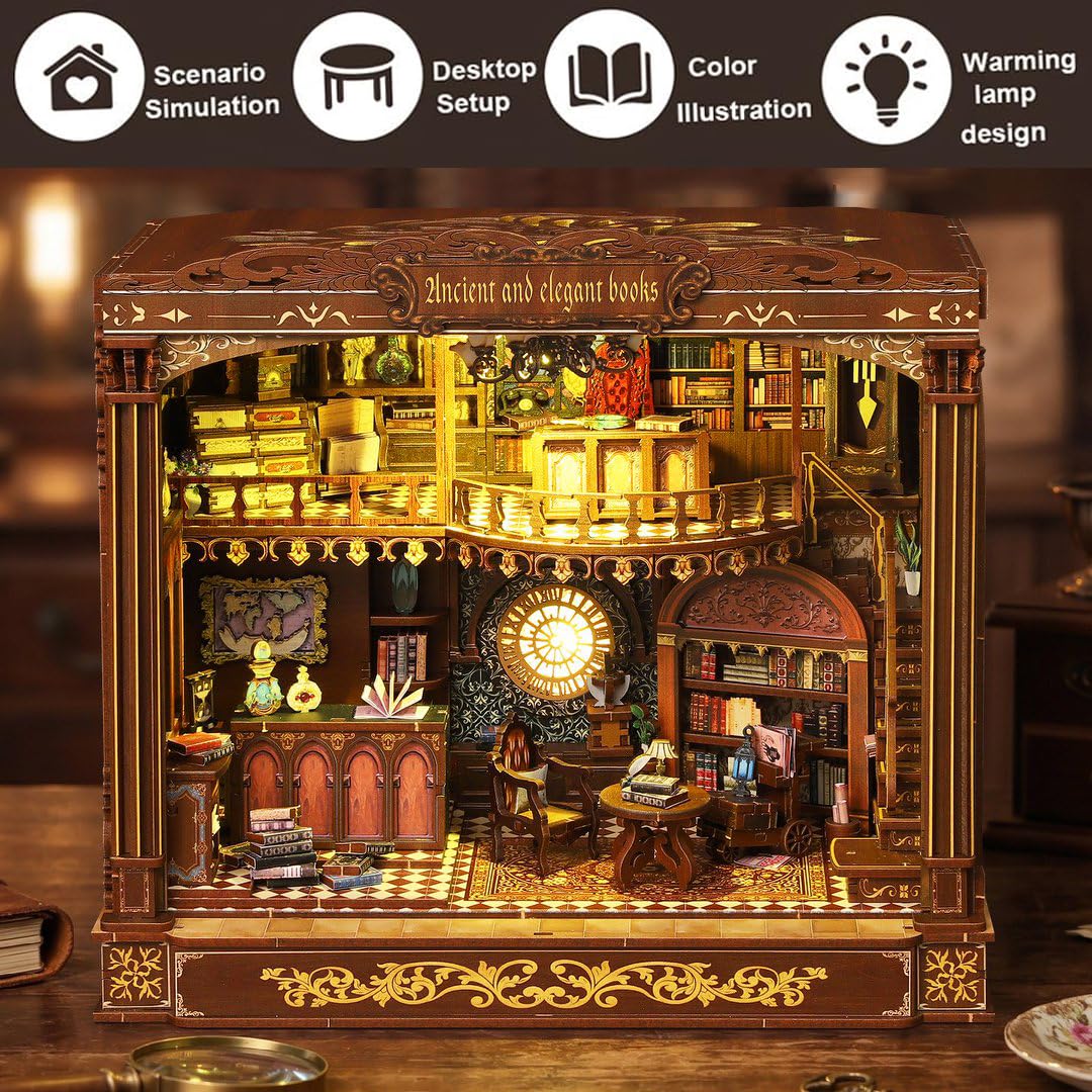 Das Beste Geschenk:DIY Miniatur Holzhaus Bücherregal-Nook Kit mit LED-Beleuchtung Holz 3D Puzzle Bücherregal，Kreatives Bastelset Kreative Dekofigur (mit Staubschutzkappe)