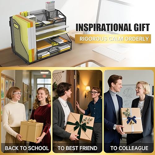 Miniatura 2 de YINGHUA Bandeja organizadora de cartas de papel de 5 niveles con 6 compartimentos ajustables superiores y soporte para archivos, clasificador de