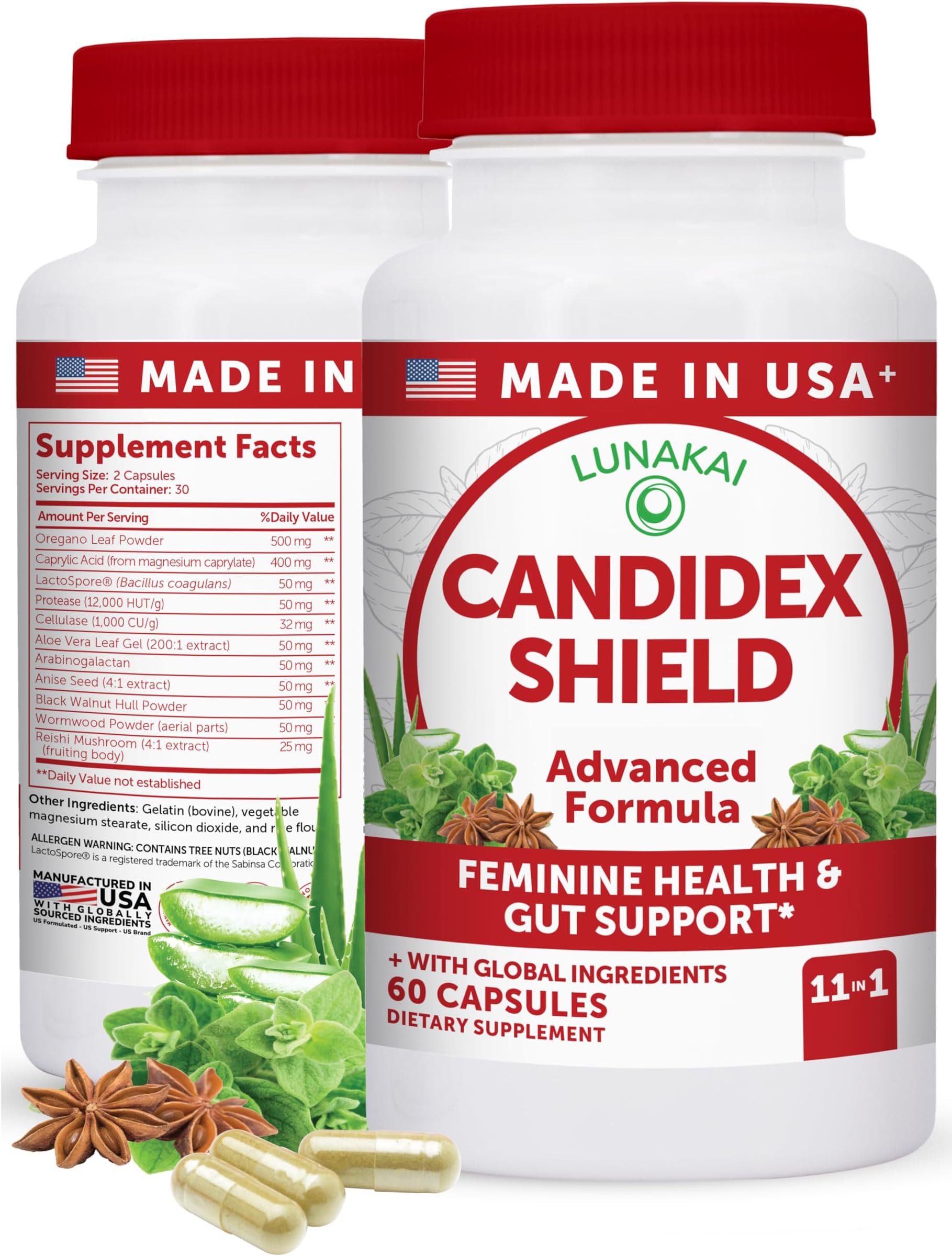 Lunakai USA Made Candida Cleanse Detox for Women & Men – 11-in-1 Gut Cleanse & Candida Support with Caprylic Acid for Daily Yeast Balance, 60ct