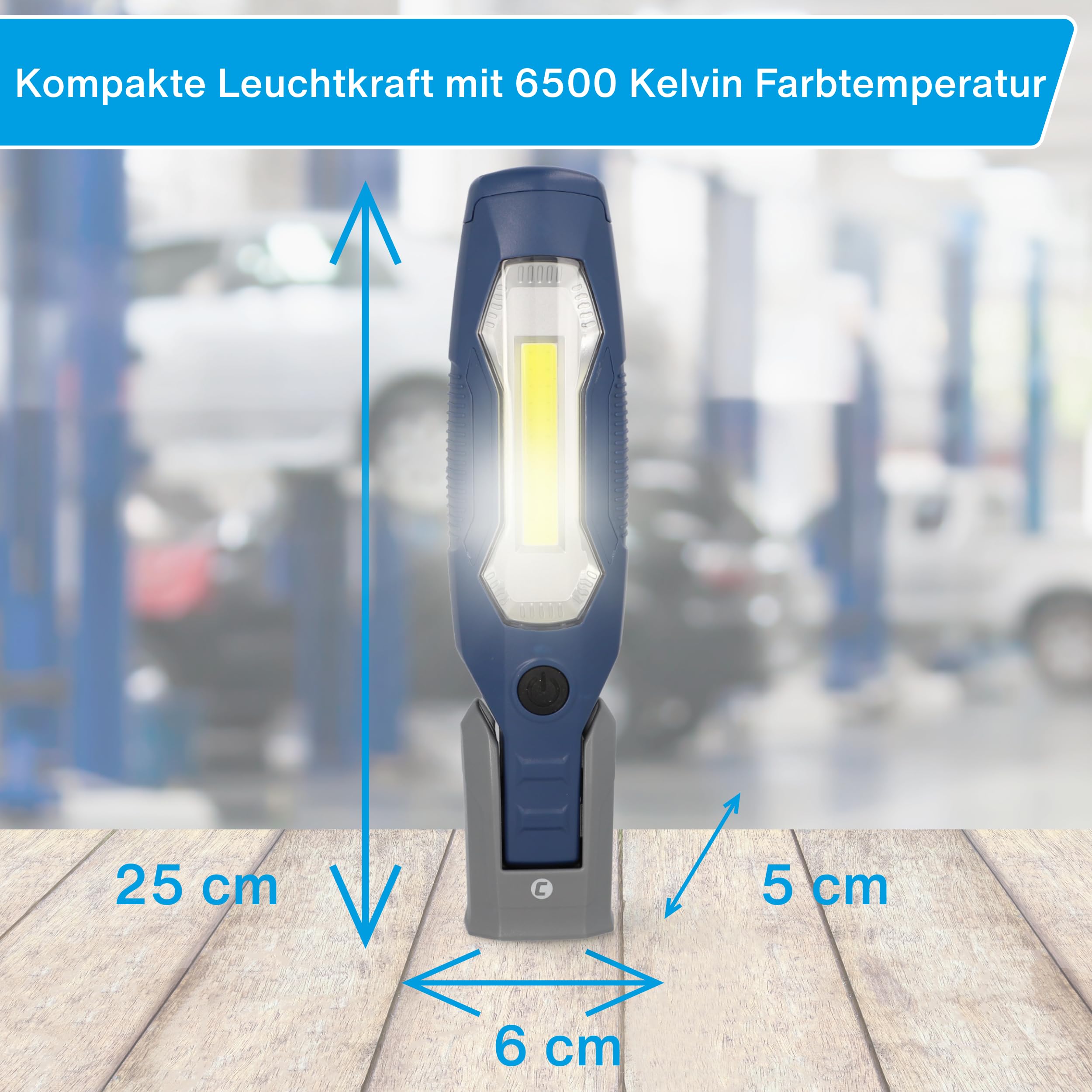 cartrend Lampa warsztatowa LED, wysoka jasność, 600 lumenów, światło powierzchniowe, akumulator 2600 mAh, trzy tryby oświetlenia, hak obrotowy 360°, wytrzymała obudowa ABS
