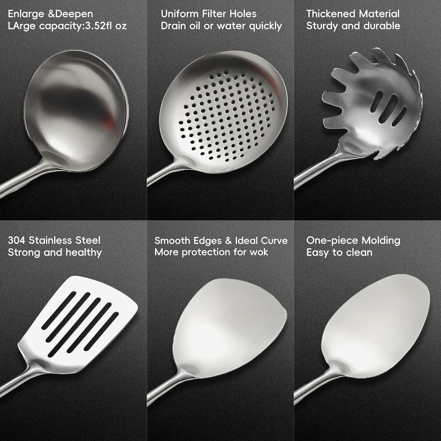 18/10 Stainless Steel Kitchen Utensils Set with Wood Handle Metal Cooking Utensils Set 10 Piece - Spatula, Spoon, Ladle, Skimmer, Slotted Turners, Pasta,Turner, Ladl, Fork
