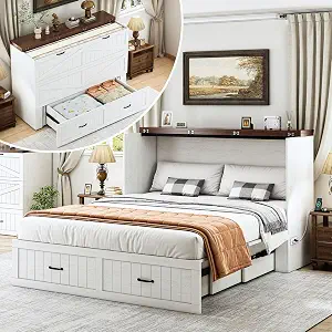 Full Murphy Bed with Storage & Charging Station, Farmhouse Style, White