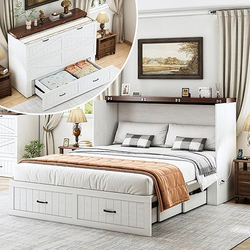 Queen Murphy Bed with Storage & Charging Station, Farmhouse Murphy Cabinet Bed with Large Drawer, Hideaway Foldable Platform Bed for for Guest Room, Bedroom, Home Office, Mattress Not Included, White