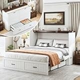 Queen Murphy Bed with Storage & Charging Station, Farmhouse Murphy Cabinet Bed with Large Drawer, Hideaway Foldable Platform Bed for for Guest Room, Bedroom, Home Office, Mattress Not Included, White
