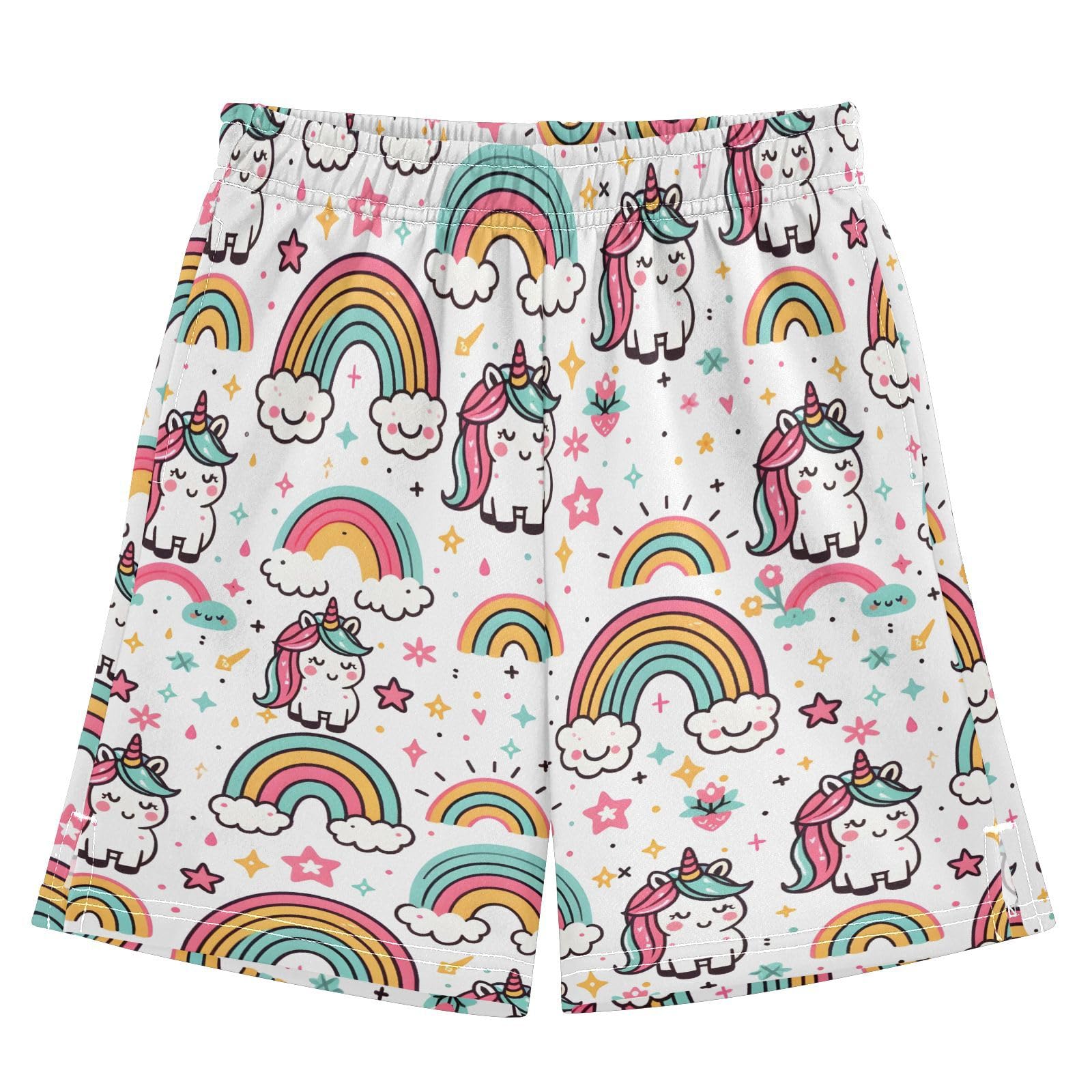 Cute Unicorns with Rainbow Boys' Shorts Summer Cotton Adjust Pocket Boys Shorts Size 8 Years