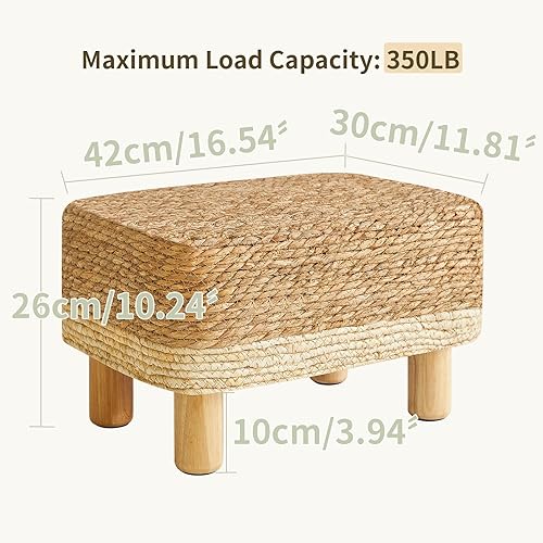 Miniatura 3 de YMYNY Taburete otomano rectangular pequeño reposapiés natural tejido a mano con patas de madera, reposapiés acolchados al aire libre para sala de