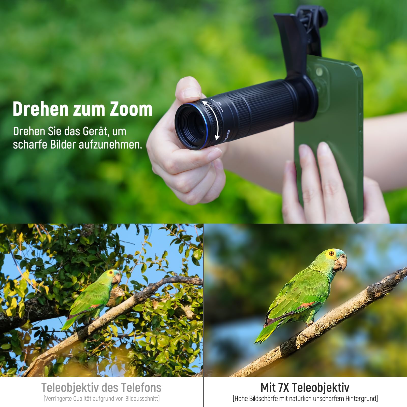 NEEWER 7X Telephoto Objektiv mit Handy Kamera Objektiv Klemme, abnehmbares 10X Makro für 17mm Gewinde Rückplatte/Telefonkäfig/Kompatibel mit iPhone Samsung, LS-36 Ultra