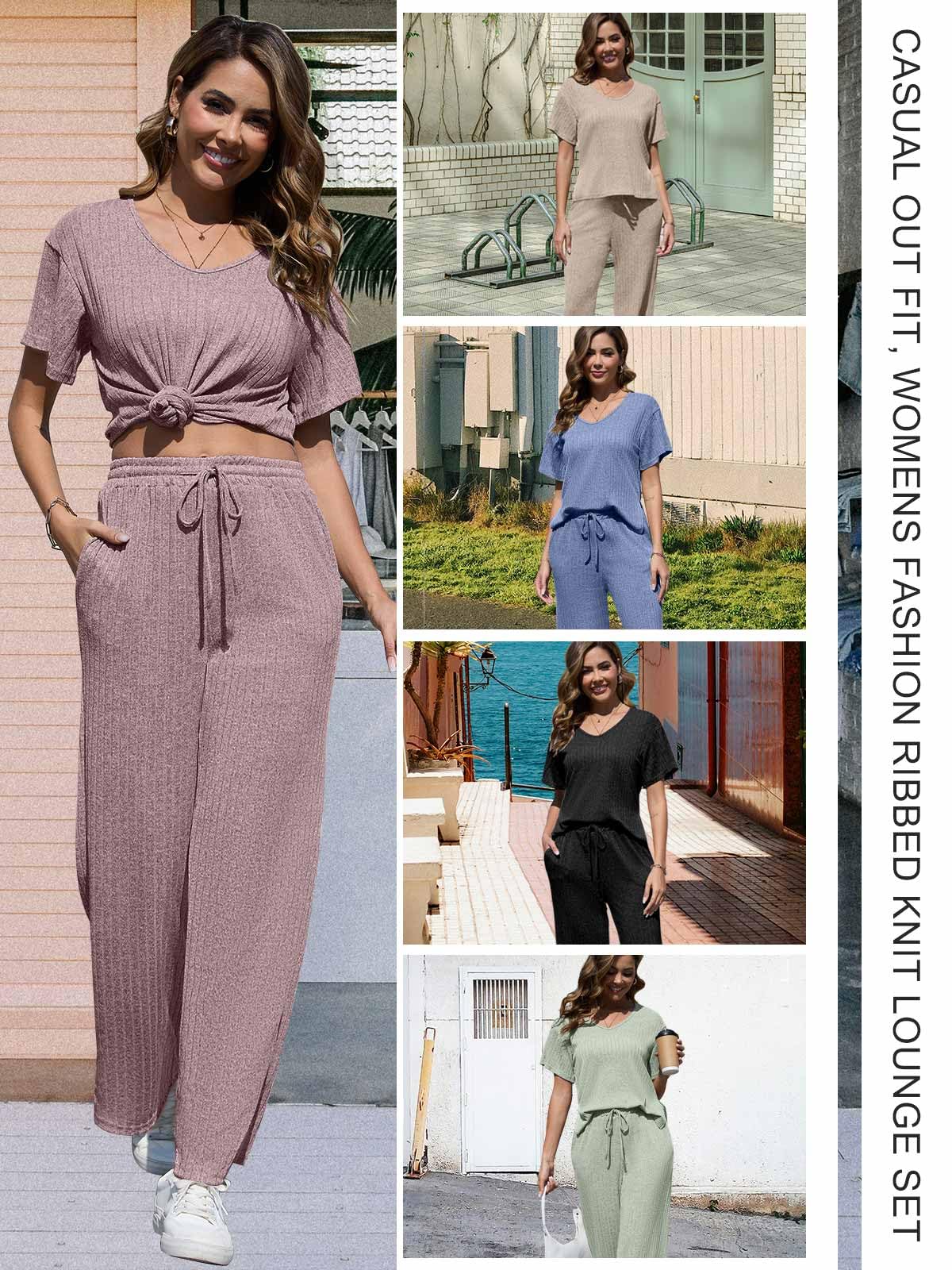 CheChury Ensemble Femme Pantalon et Haut Fluide 2 Pièces Manches Courtes Top Pantalon avec Poches Ensemble Deux Pièces Loungewear Casual Outfit Été Automne Survêtement Suit