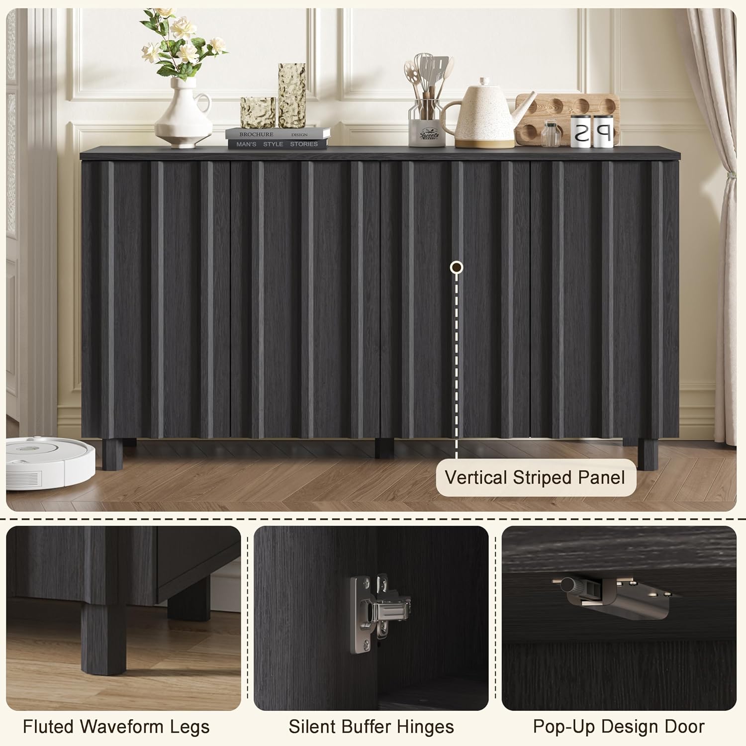 Close-up of cabinet features including fluted waveform legs, silent buffer hinges, and pop-up design door
