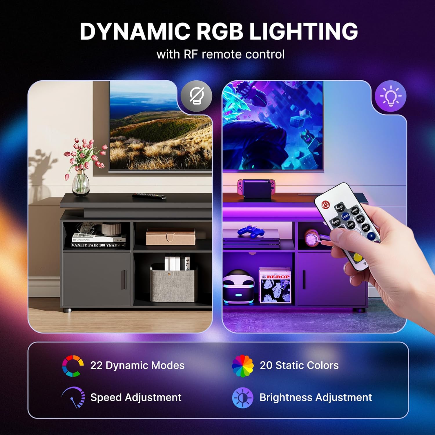 SUNCOZE TV Stand, Entertainment Center with LED Lights and Cabinet for 70/75/80 Inch TV, Modern TV Console Gaming Media Television Stands with Power Outlets for PS5 in Living Room and Bedroom, Black - Image 3