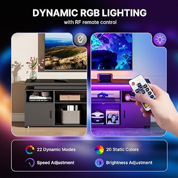 SUNCOZE TV Stand, Entertainment Center with LED Lights and Cabinet for 70/75/80 Inch TV, Modern TV Console Gaming Media Television Stands with Power Outlets for PS5 in Living Room and Bedroom, Black