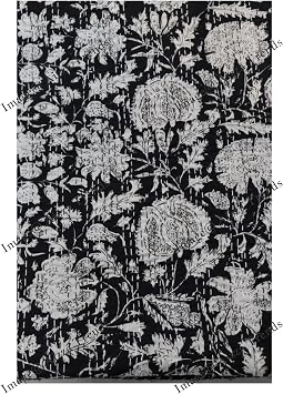 Handmade Pure Cotton Floral and Block Print Kantha Quilt - Bed Cover Throw- Kantha Gudri - Vintage Hand Stitch Gudri-Decorative Beach Blanket-Single 60" x 90"
