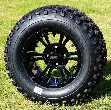 12" Vampire Gloss Black Aluminum Golf Cart Wheels and 23X10.5-12 All Terrain Golf Cart Tires Combo - Set of 4
