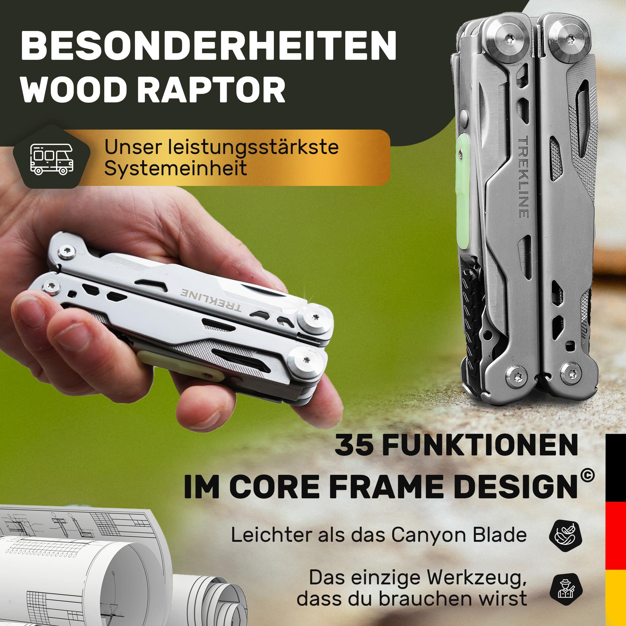Multiherramienta [acero inoxidable 440C] Navaja Multiusos Outdoor Camping Supervivencia, Alicate Multifunción, Cuchillo Plegable, Herramienta Senderismo Pesca Caza Bushcraft (Wood Raptor)