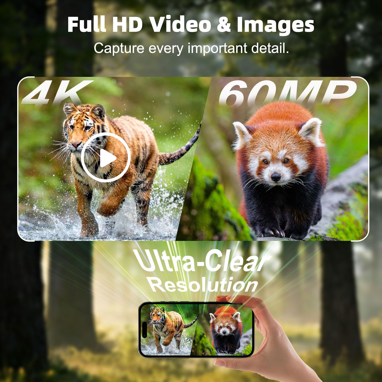 Caméra de Chasse Solaire 60MP 4K WiFi, Camera Chasse connectée Téléphone