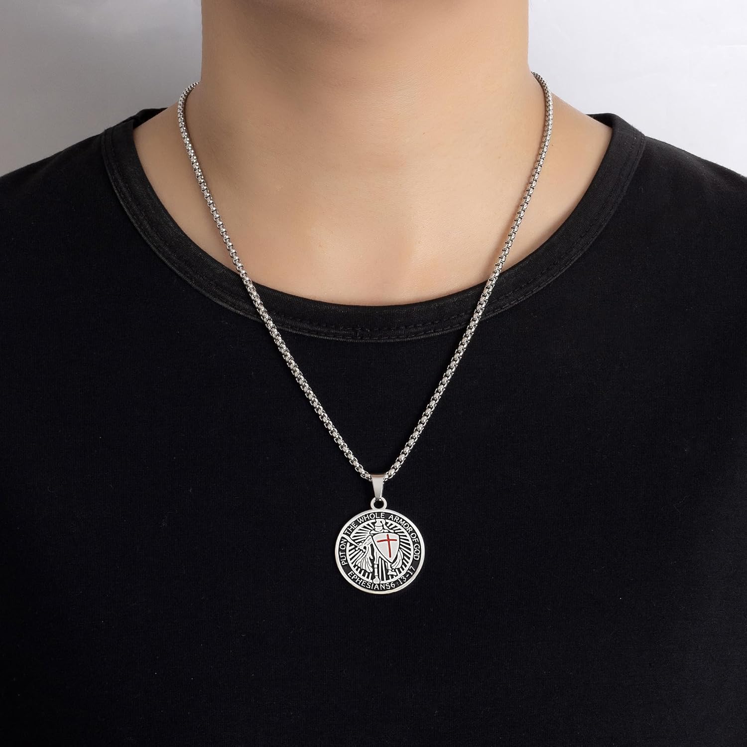 Armor of God Cross Pendant Necklace, Shield of Faith, Ephesians 6:16-17, Religious Amulet, Knights Templar Crusader, Stainless Steel 24" Chain - Image 5