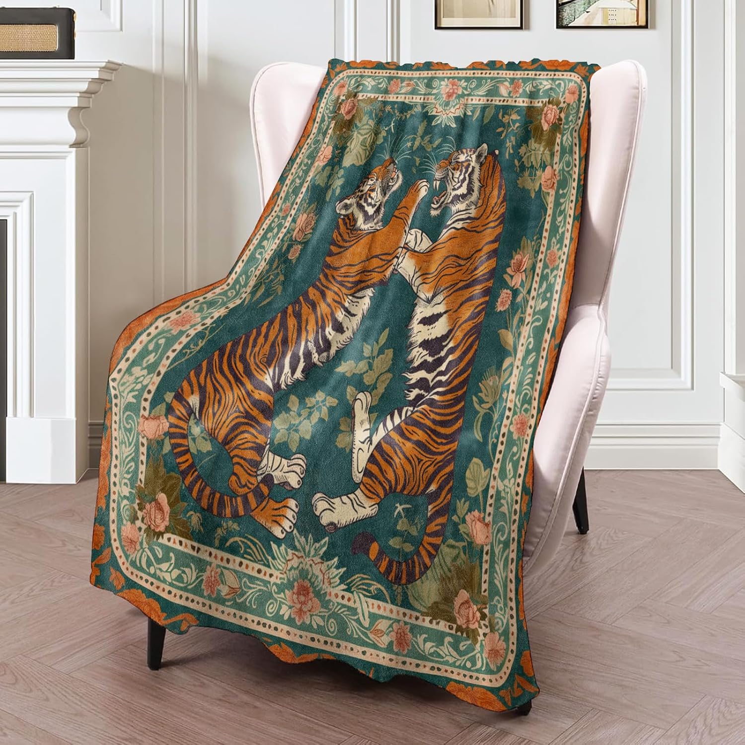 Vintage Tiger Floral Flannel Blanket 50x60in,Fierce Symmetrical Big Cat Design with Ornate Botanical Border,Soft Lightweight Throw for Animal Lovers,Boho Decor and Jungle Aesthetic Fans Gifts - Image 2