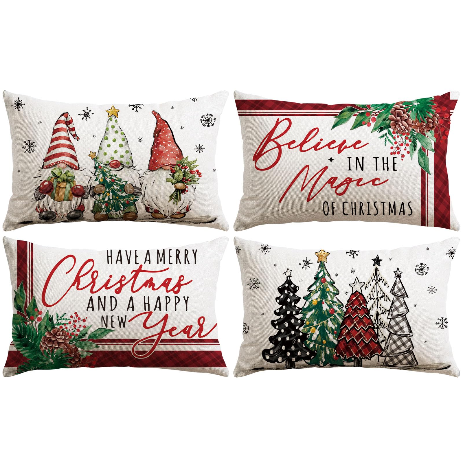 JOTOM Christmas Cushion Covers 30x50 cm Set of 4 Winter Holiday Decorative Throw Pillow Covers Sofa Merry Christmas Cushion Cases Xmas Trees Decoration for Home Couch Decor (Dwarf Xmas Trees Red)