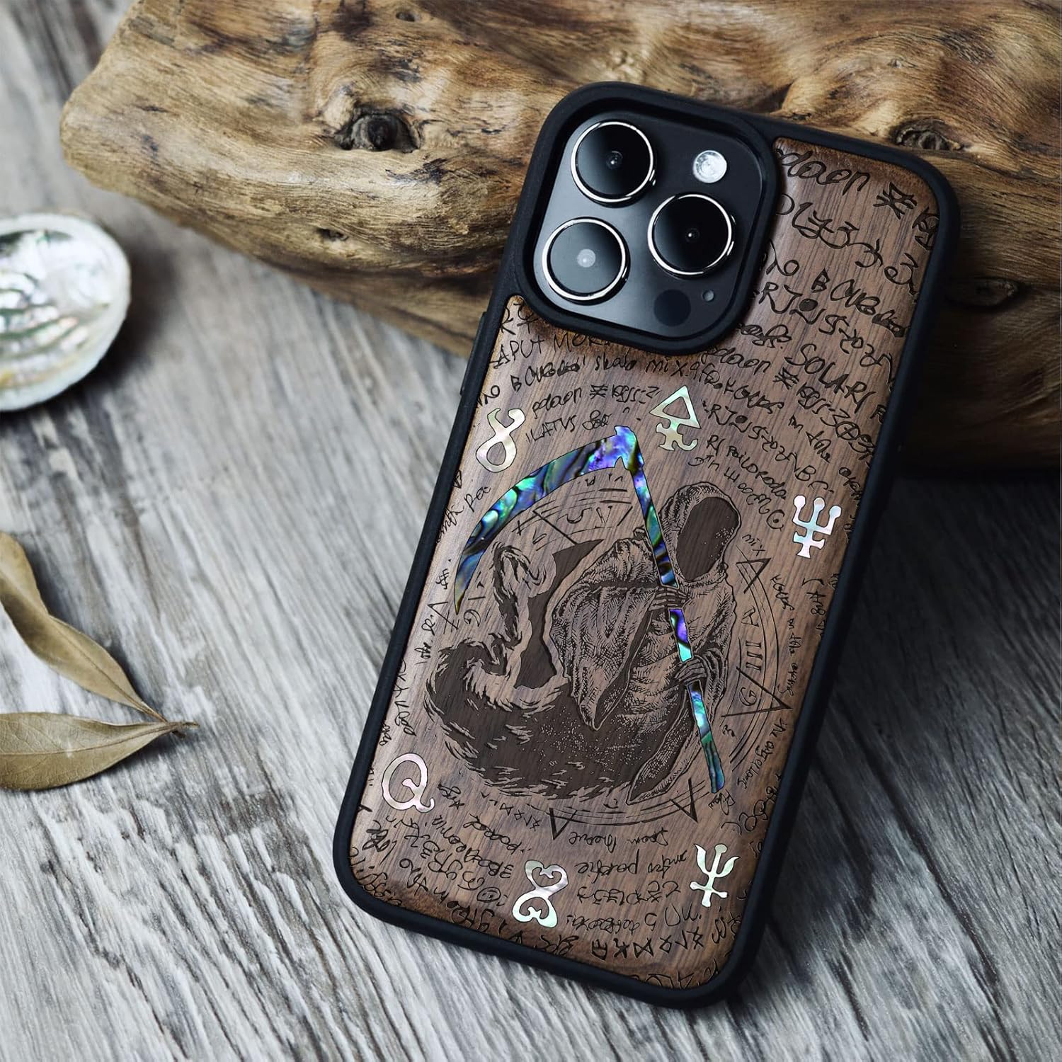 Carveit Designer Wooden Protective Magnetic Case for iPhone 14 Pro Case [Wood Engraving & Shell Inlay] Compatible with 14 Pro MagSafe (Grim Reaper-Walnut)